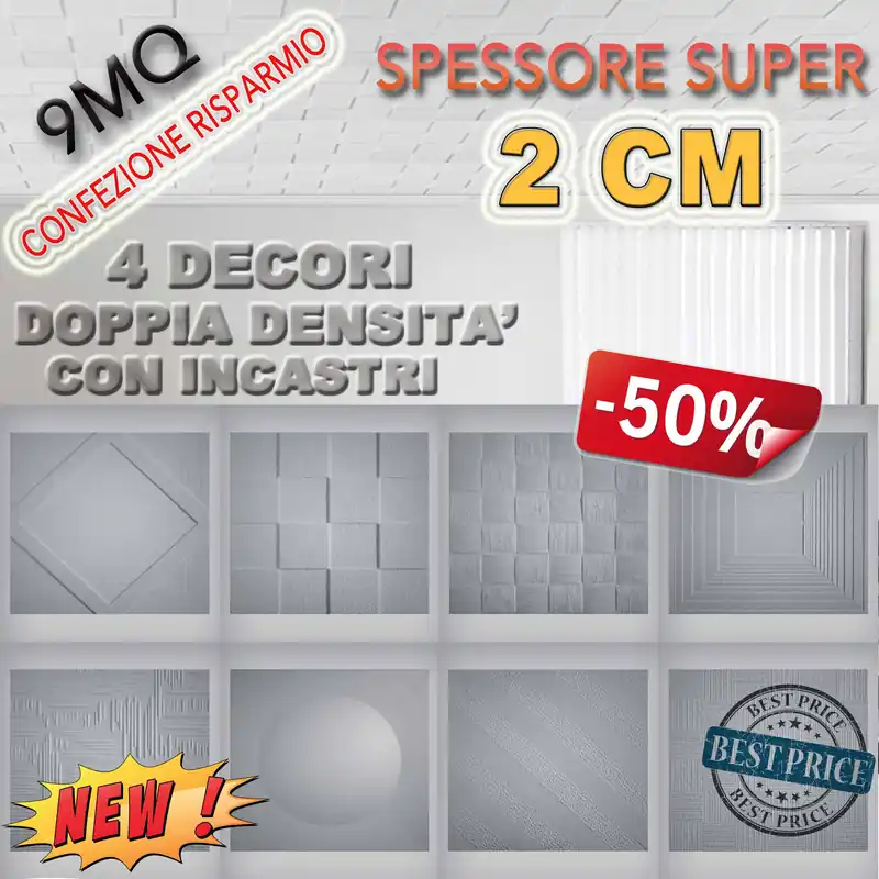 MAXI-SPARPAKET  9 m² Deckenpaneele aus expandiertem Polystyrol/Polystyrol, SUPER 2 cm dick, 3D schimmelresistent, dekorativ, thermo-/akustisch isolierend, DOPPELTE DICHTE mit 50x50cm Fugen Neue Ware