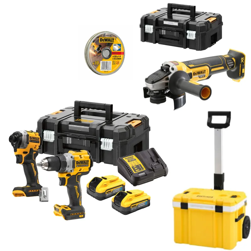Ausverkauf DeWALT 18V Kombopack DCK2051H2T- DCD800 + DCF850, 2x 5,0Ah + DCG405NT-XJ + Zubehör + gratis Kühlbox